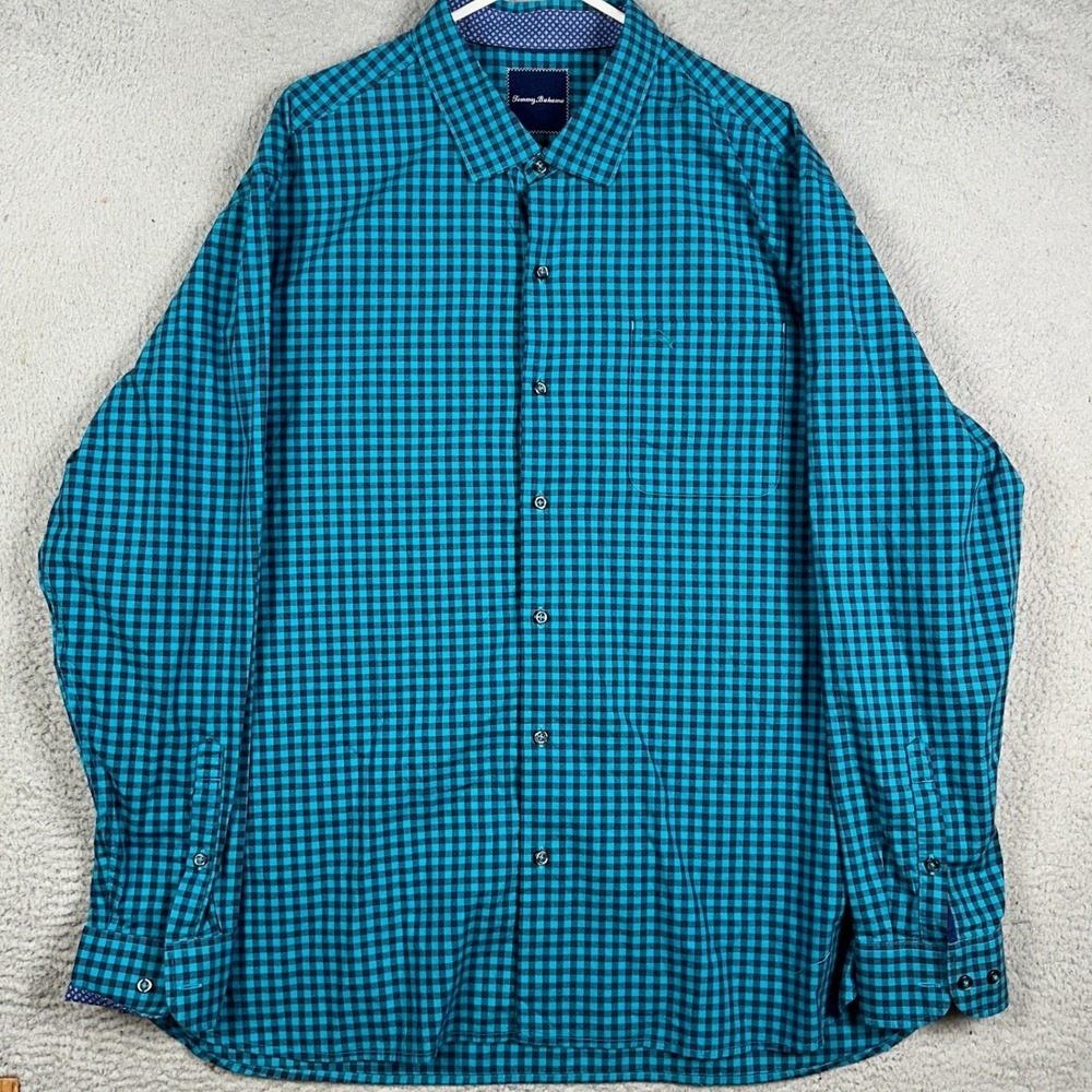 Tommy Bahama Pima Cotton Shirt Mens 2XL Teal Blue Button Up Gingham Check Pocket